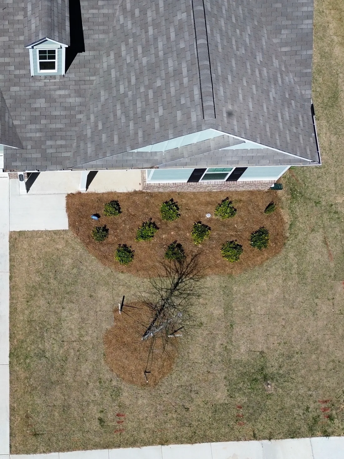 Aerial drone view of a newly installed landscape bed and young plantings at an Acworth, Georgia home