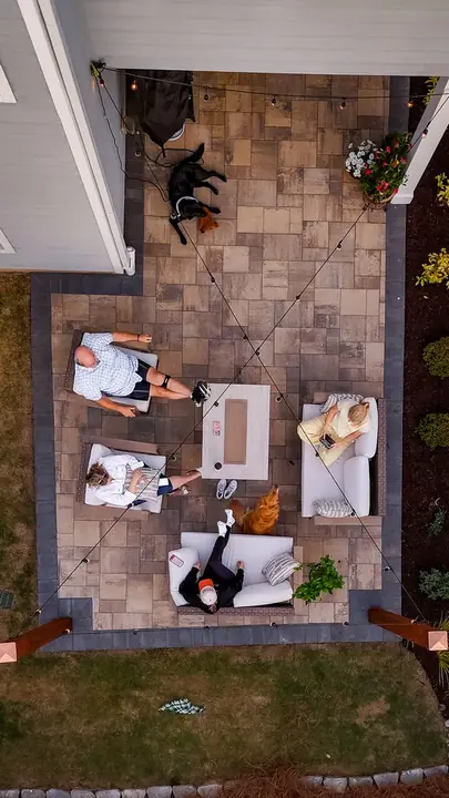 Aerial view of a finished backyard patio project