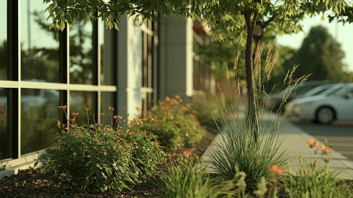Flowering shrub and ornamental grass beds lining the entrance of a commercial office building