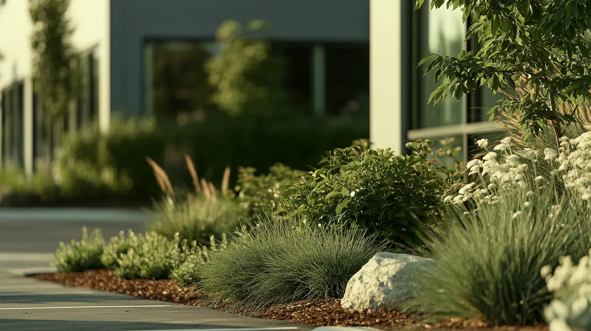 Naturalistic commercial planting bed with ornamental grasses and a boulder accent along an office walkway
