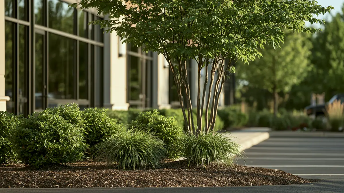 Well-maintained commercial landscaping with a multi-stem tree and liriope beds outside a glass office building