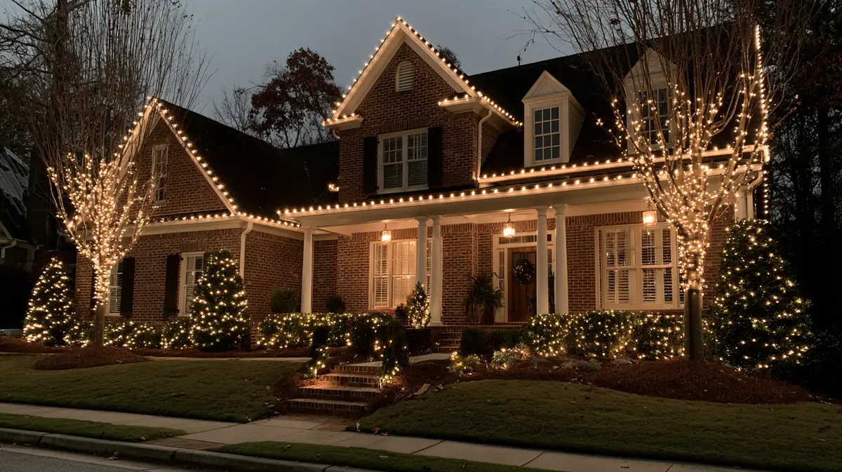 Two-story brick home at night lined with warm-white roofline lights and lit trees and shrubs