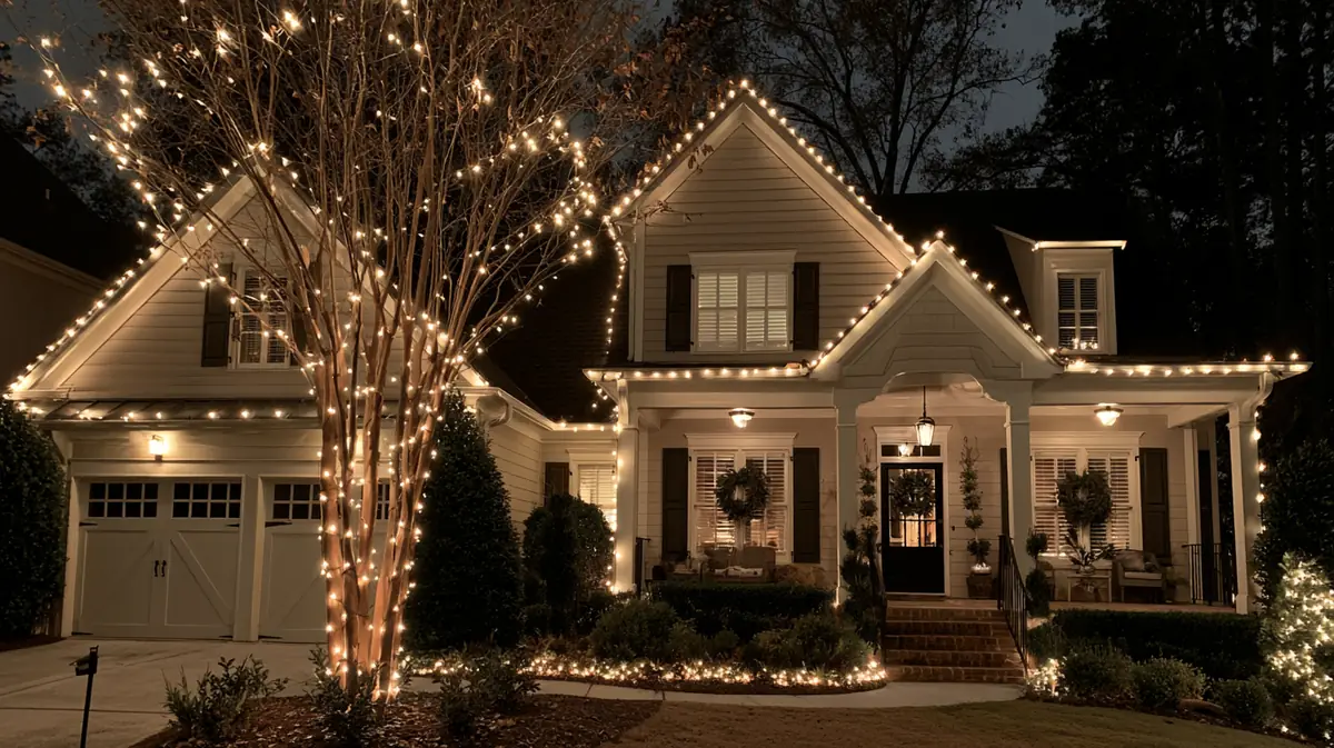 Home at night with warm-white roofline lights, a tree wrapped in lights, and illuminated shrubs