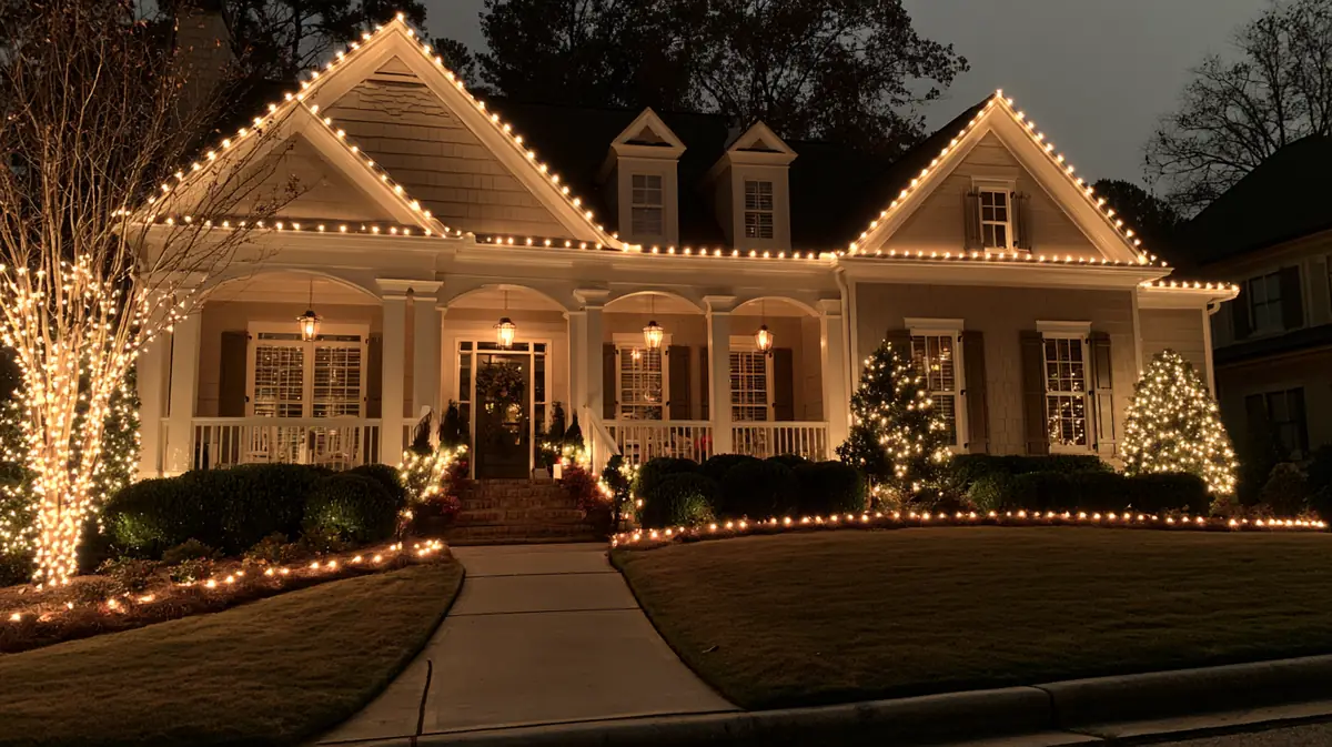 Ranch-style home at night edged in warm-white roofline lights with lit trees and a glowing walkway