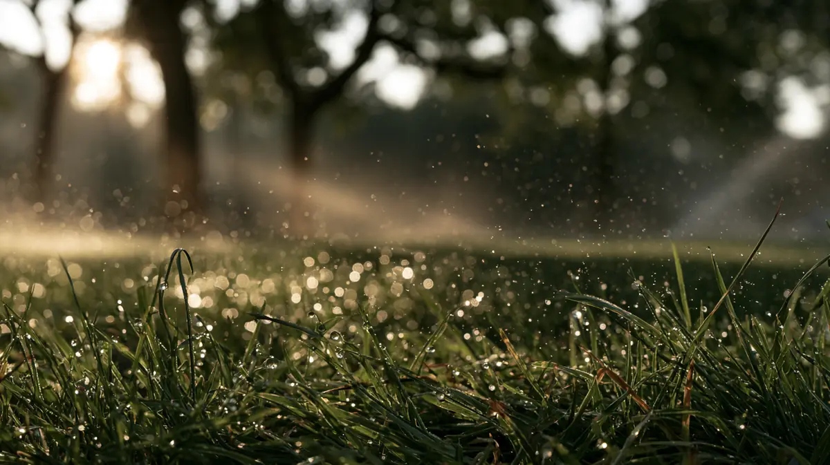 Backlit water droplets from an irrigation system misting over a dewy lawn at sunrise