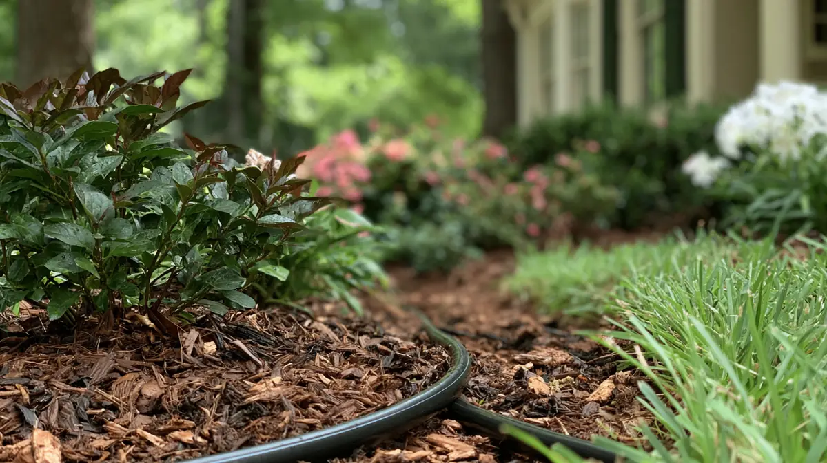Drip irrigation line running through a mulched planting bed of shrubs beside a home