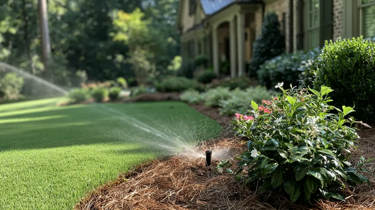 Pop-up sprinkler spraying an arc of water across a healthy green lawn in front of an Atlanta-area estate home