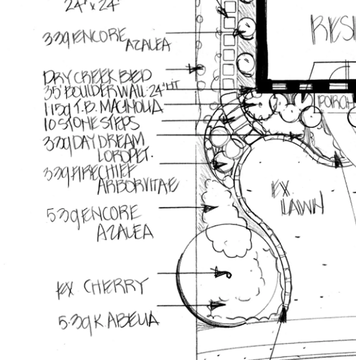 Detailed black-and-white 2D landscape site plan with plant callouts and layout dimensions