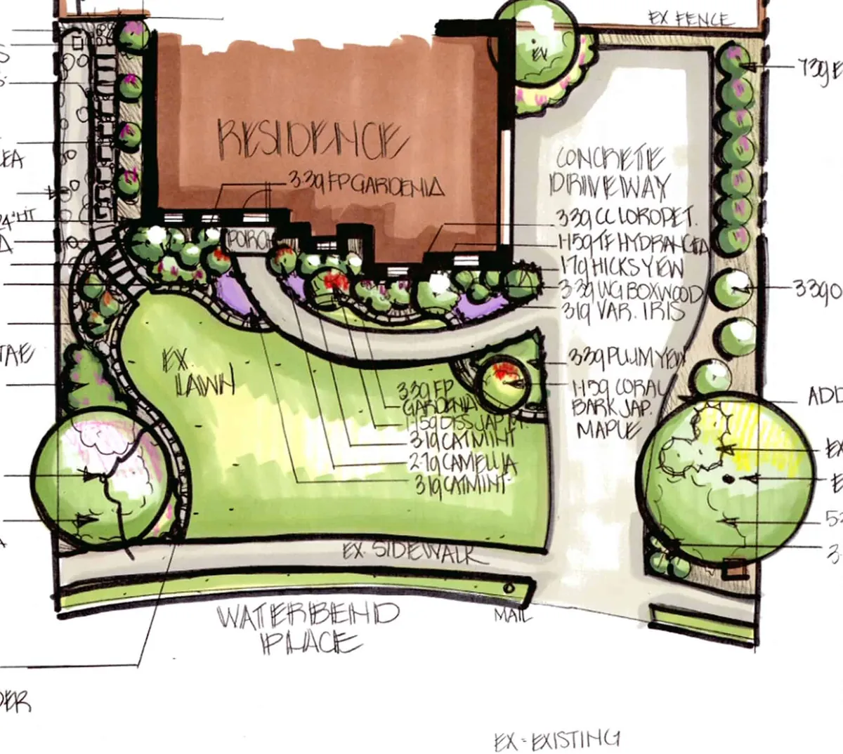 Full-color hand-rendered landscape design plan showing planting beds, hardscaping, and plant selections for a residential property