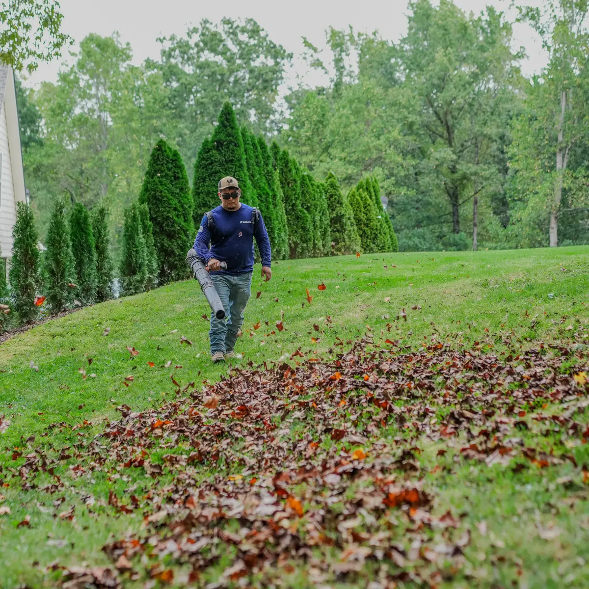Crew clearing a slope carpeted in fallen autumn leaves during a seasonal cleanup
