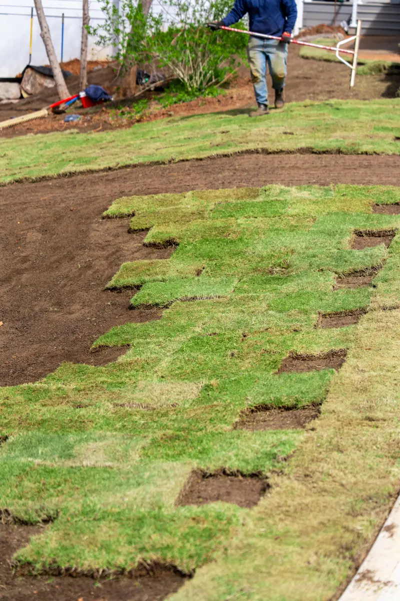 KalKare crew member laying rolls of fresh sod across prepared soil